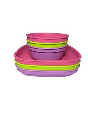 Re-Play Bowls and Matching Plates Pre-Owned Pink, Purple & Green Set of 3